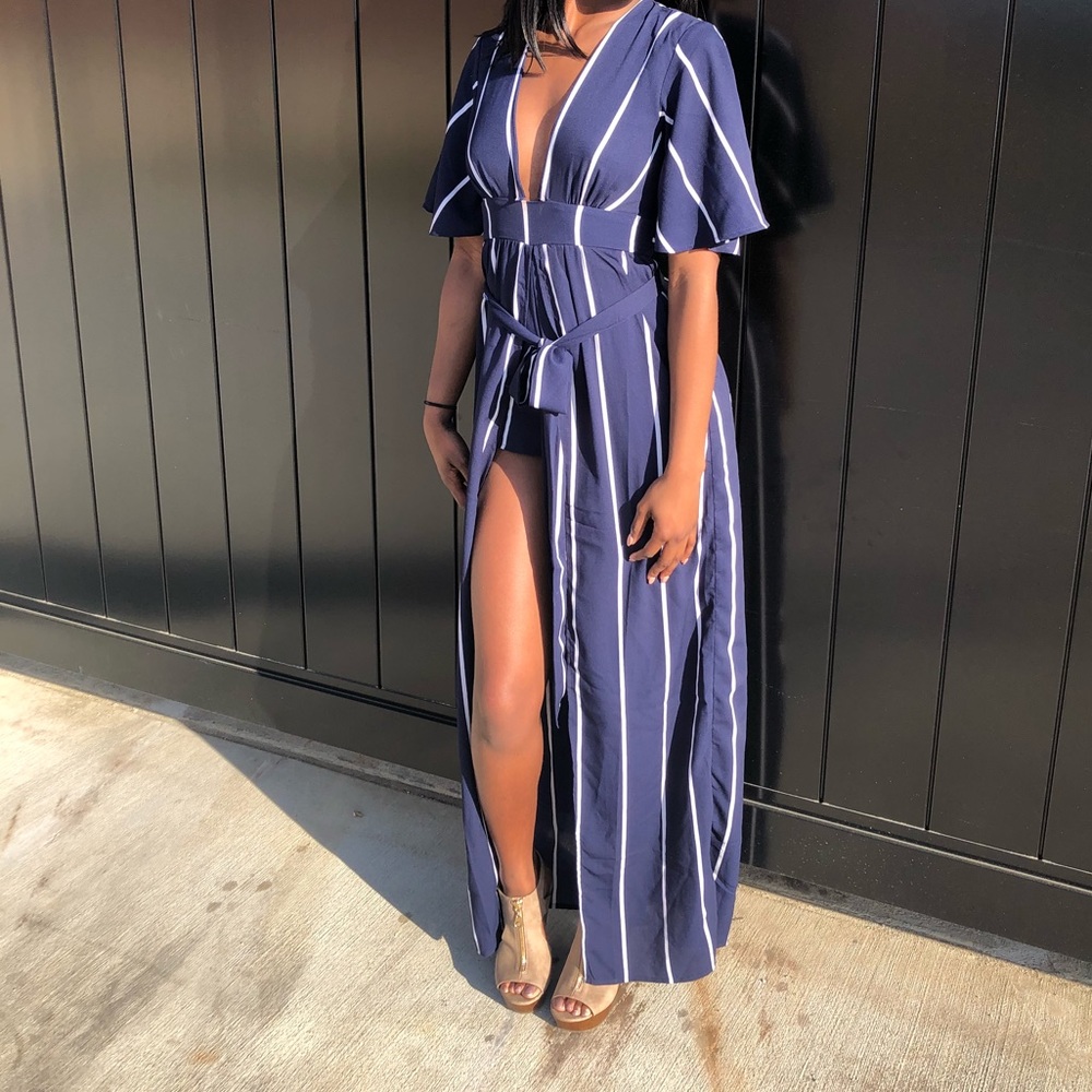 Navy blue and white stripped romper dress - Picture 1 of 2